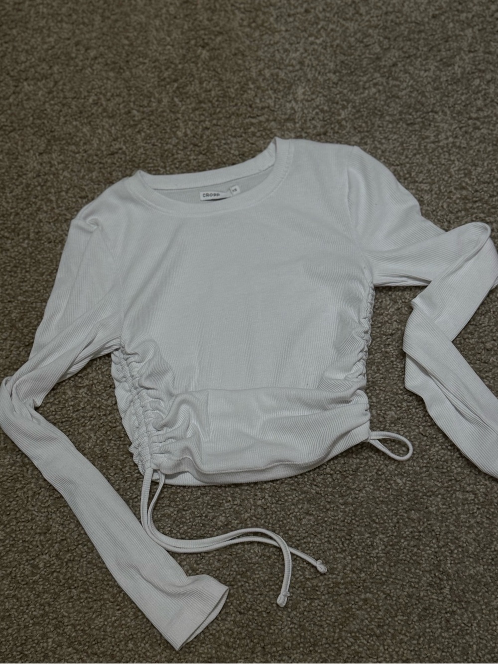 Cropped White Ribbed Long-Sleeve Top with Side Drawstrings